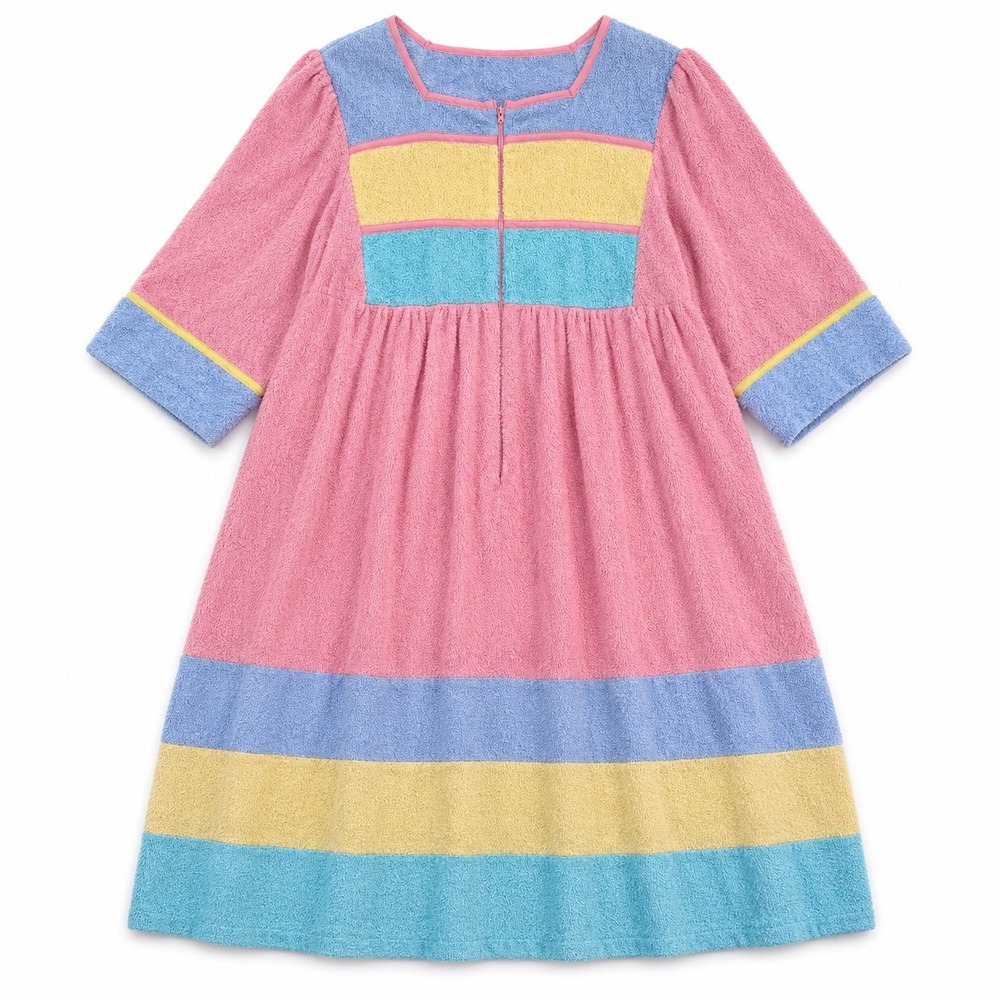 Vtg 80s Saybury Terry Cloth House Dress XL Pastel Color Block Zip Front Robe